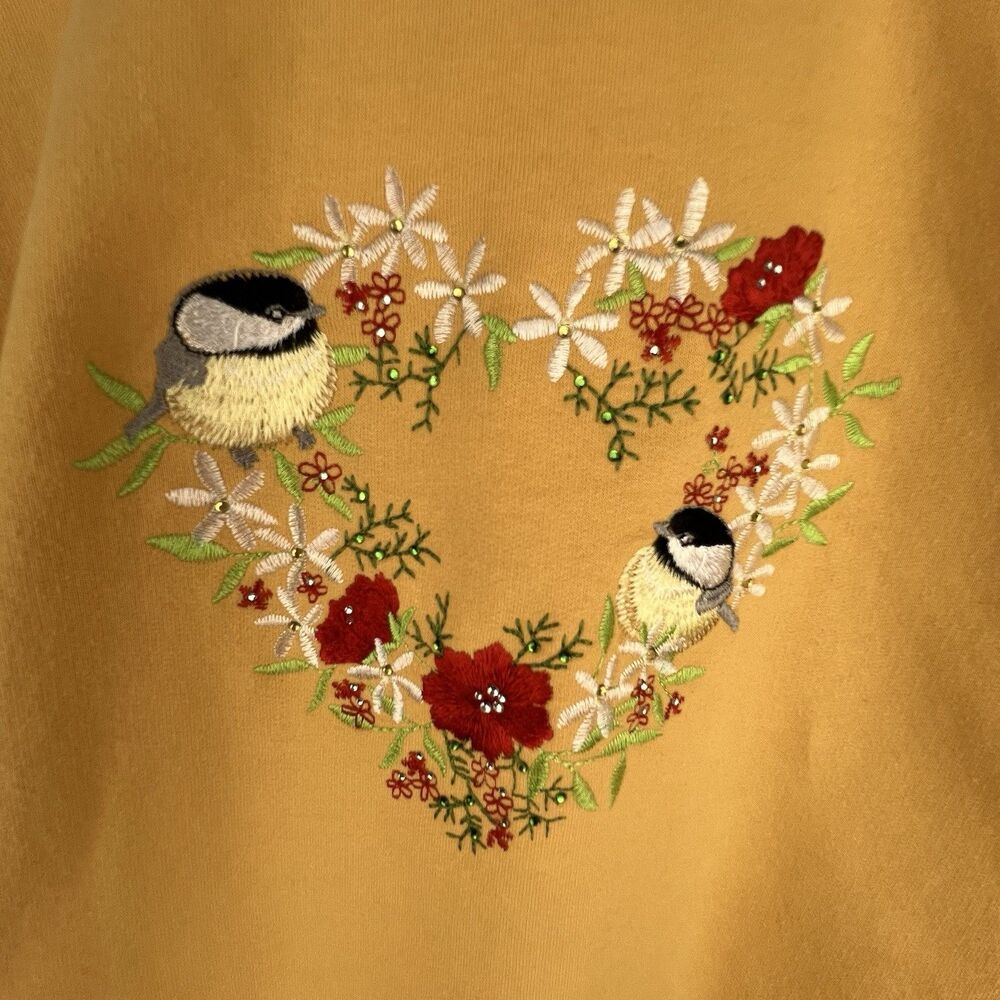 Vtg Morning Sun Yellow Embroidered Bird Floral Heart Sweatshirt‎ 2XL Cottagecore